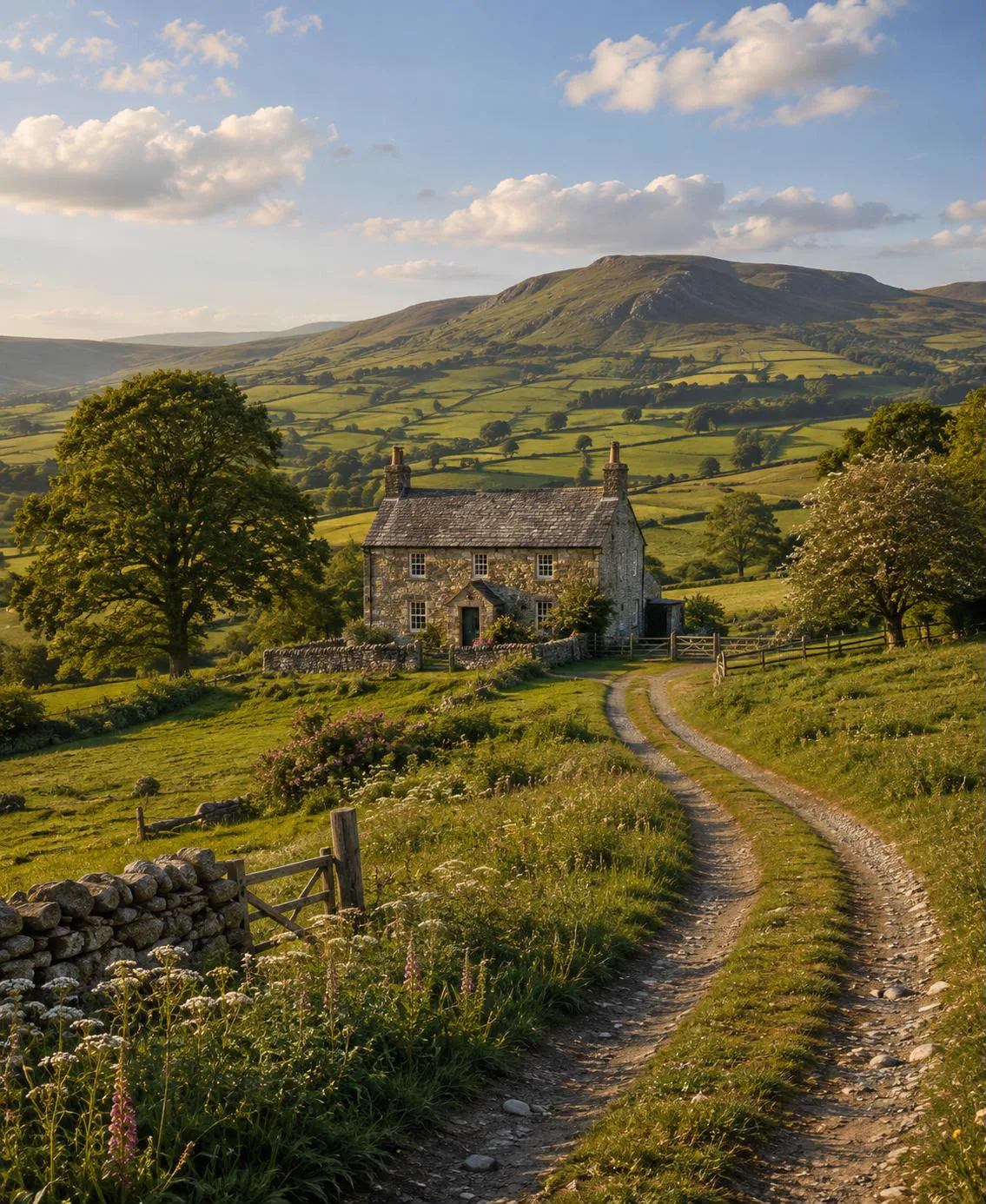 Stone farmhouse along a country track in rolling green hills