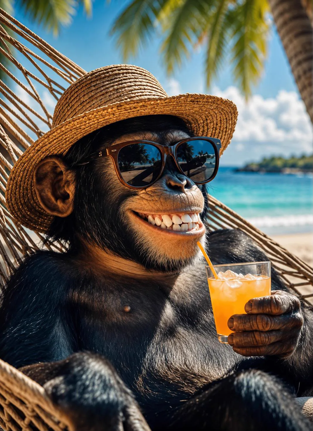A holidaymaker relaxing in a hammock with a cold drink under palm trees