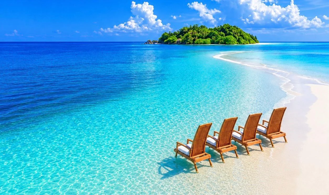 Wooden sun loungers in shallow turquoise water on a white sand beach, with a palm-covered island offshore
