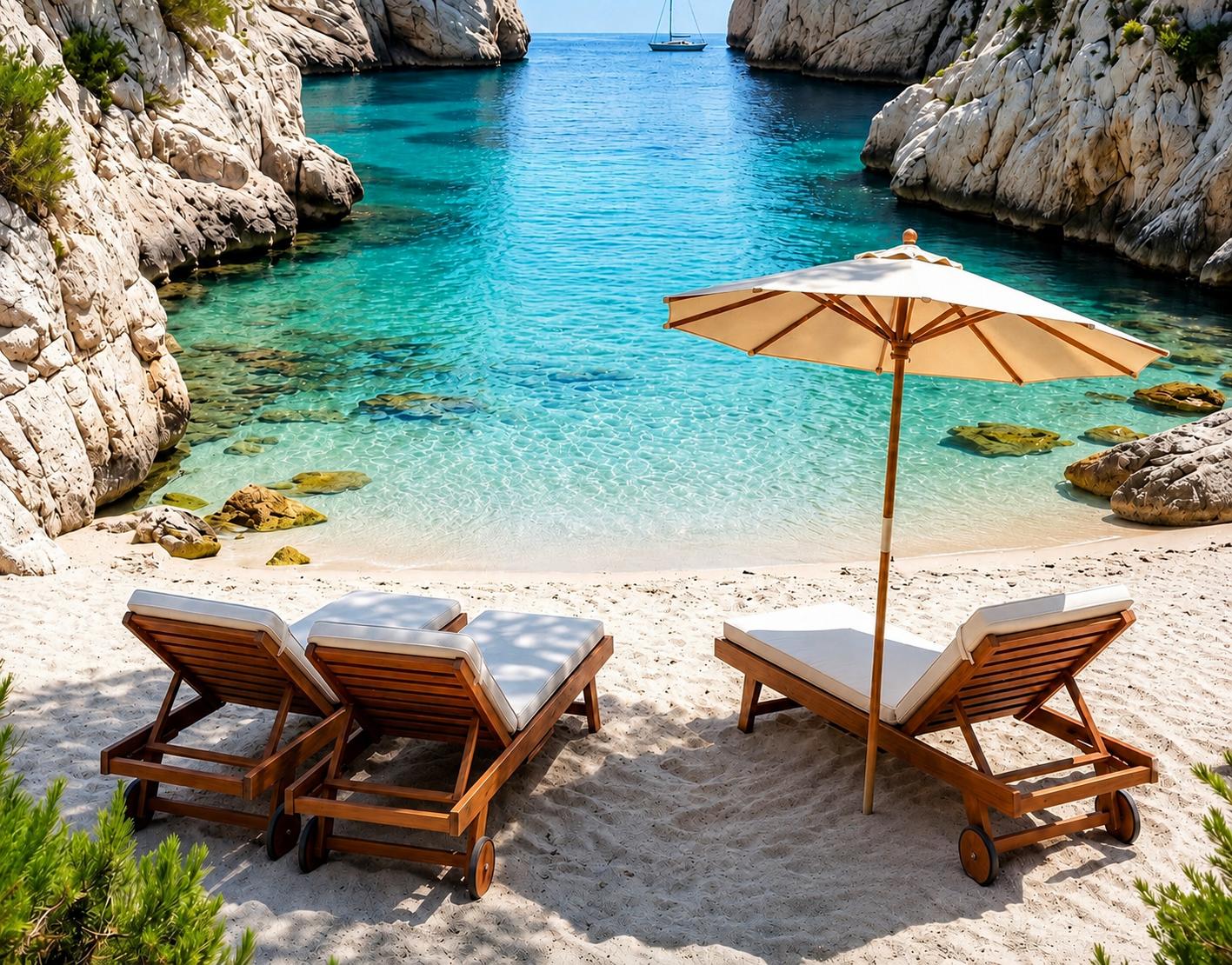 Sun loungers and a parasol on the sand of a sheltered rocky cove, with clear turquoise water and a yacht moored beyond
