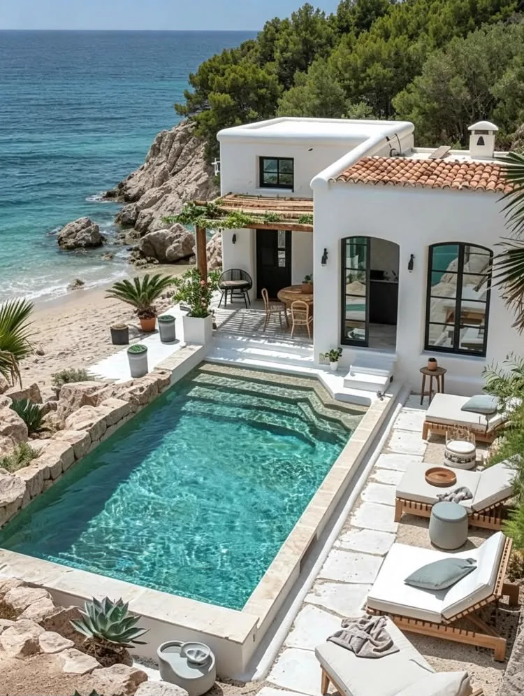 Whitewashed villa with a private pool and sun loungers overlooking a rocky cove