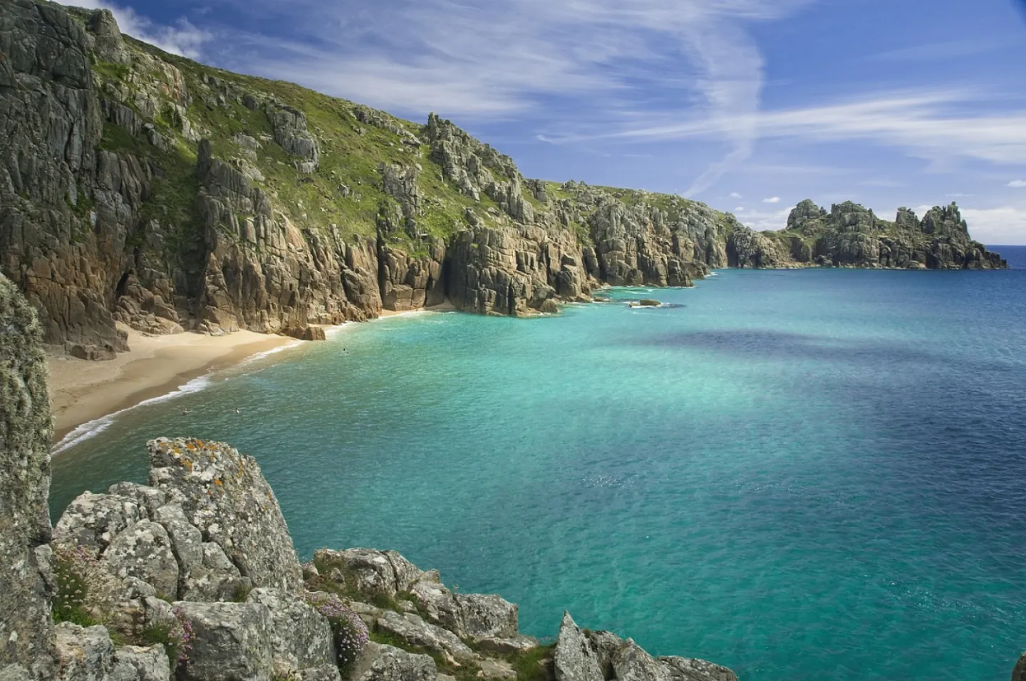 Beach and cliffs under blue sky